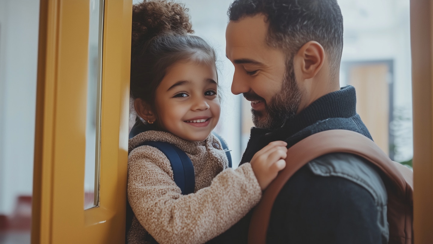 vater mit seiner tochter vor der kita