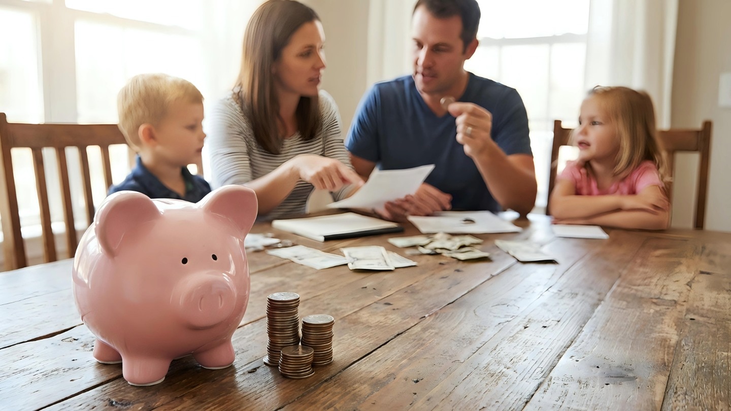 famlie mit sparschwein am tisch