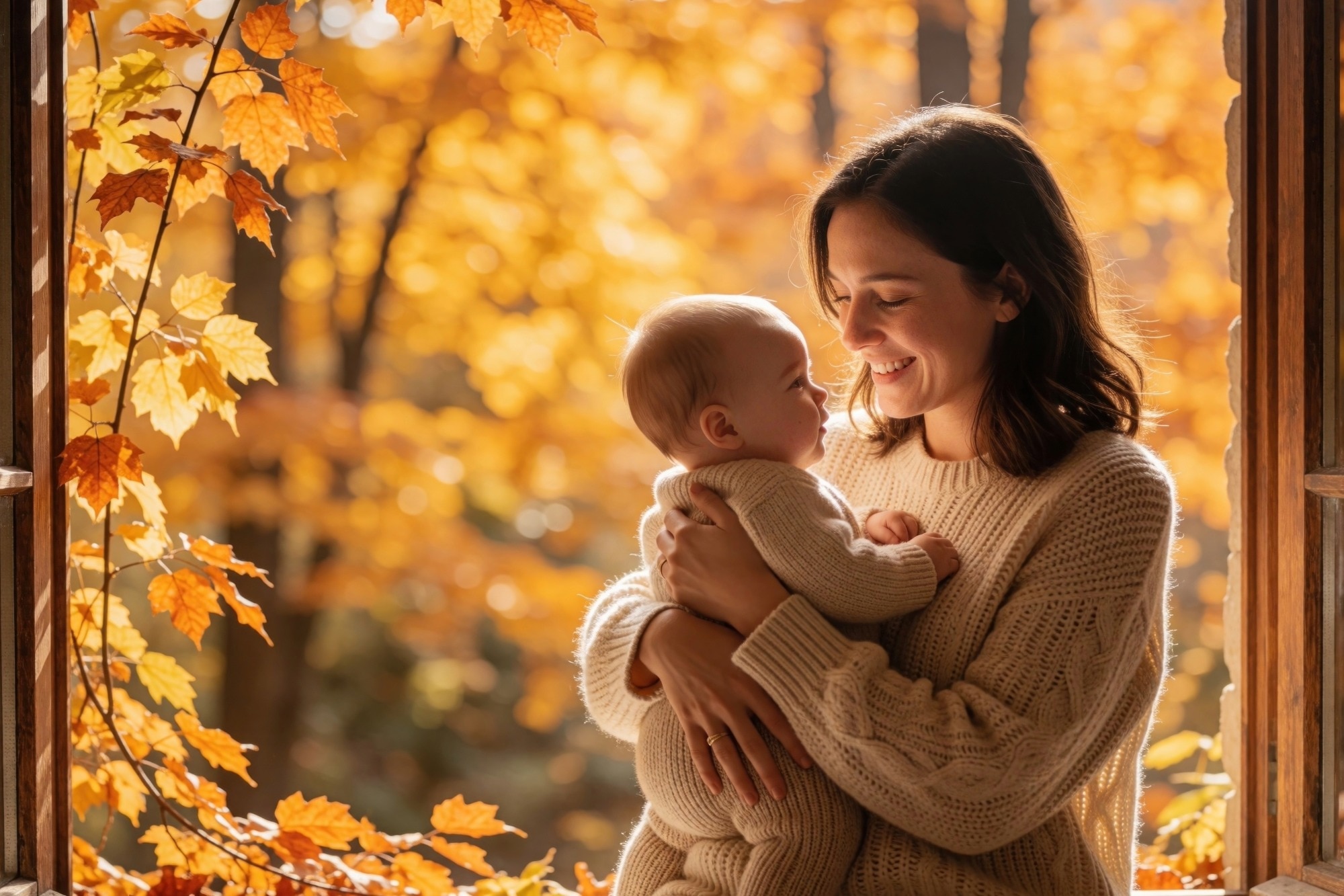 mama und ihr baby im herbst