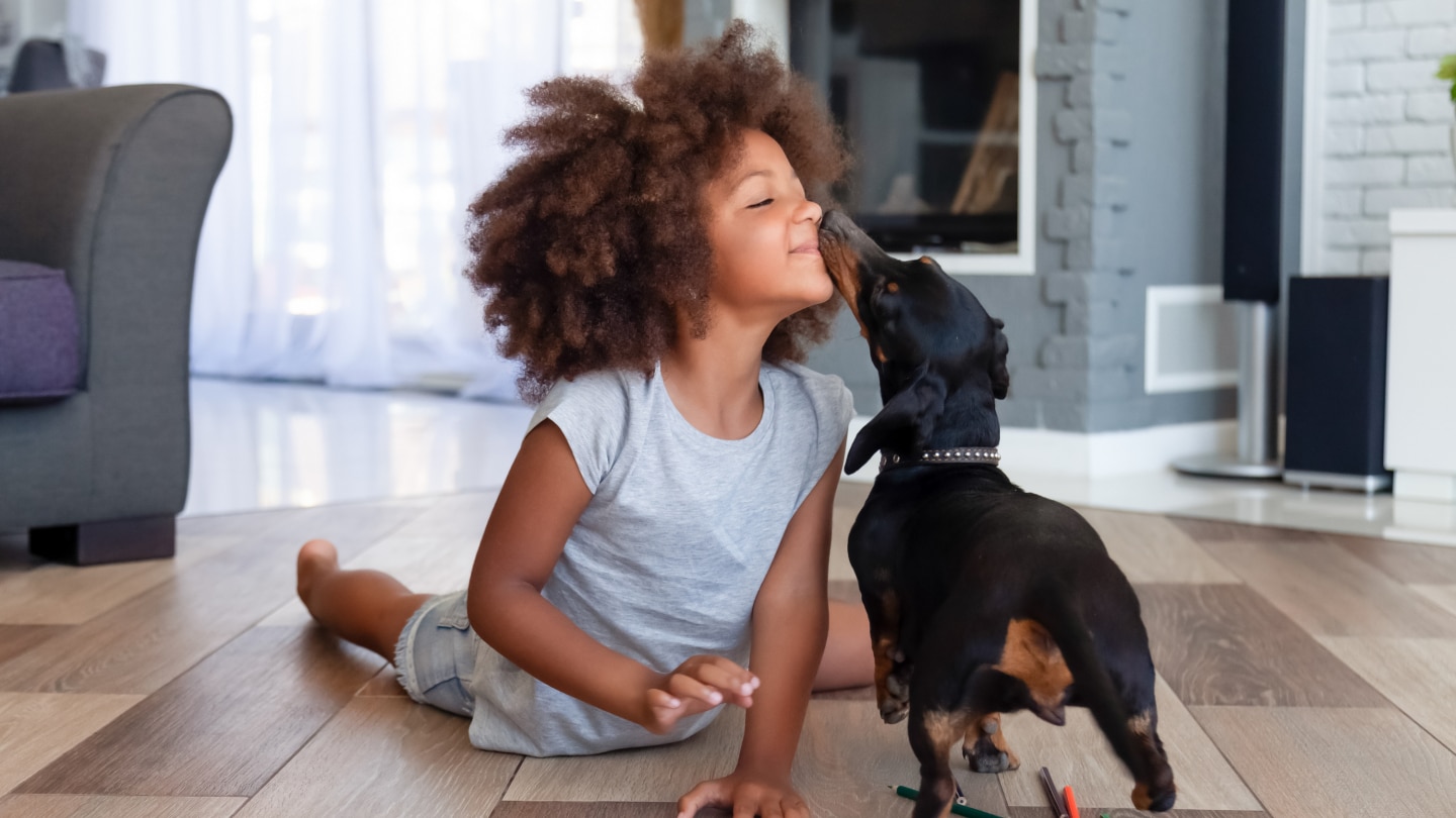 Cute little girl lying on floor playing with dog