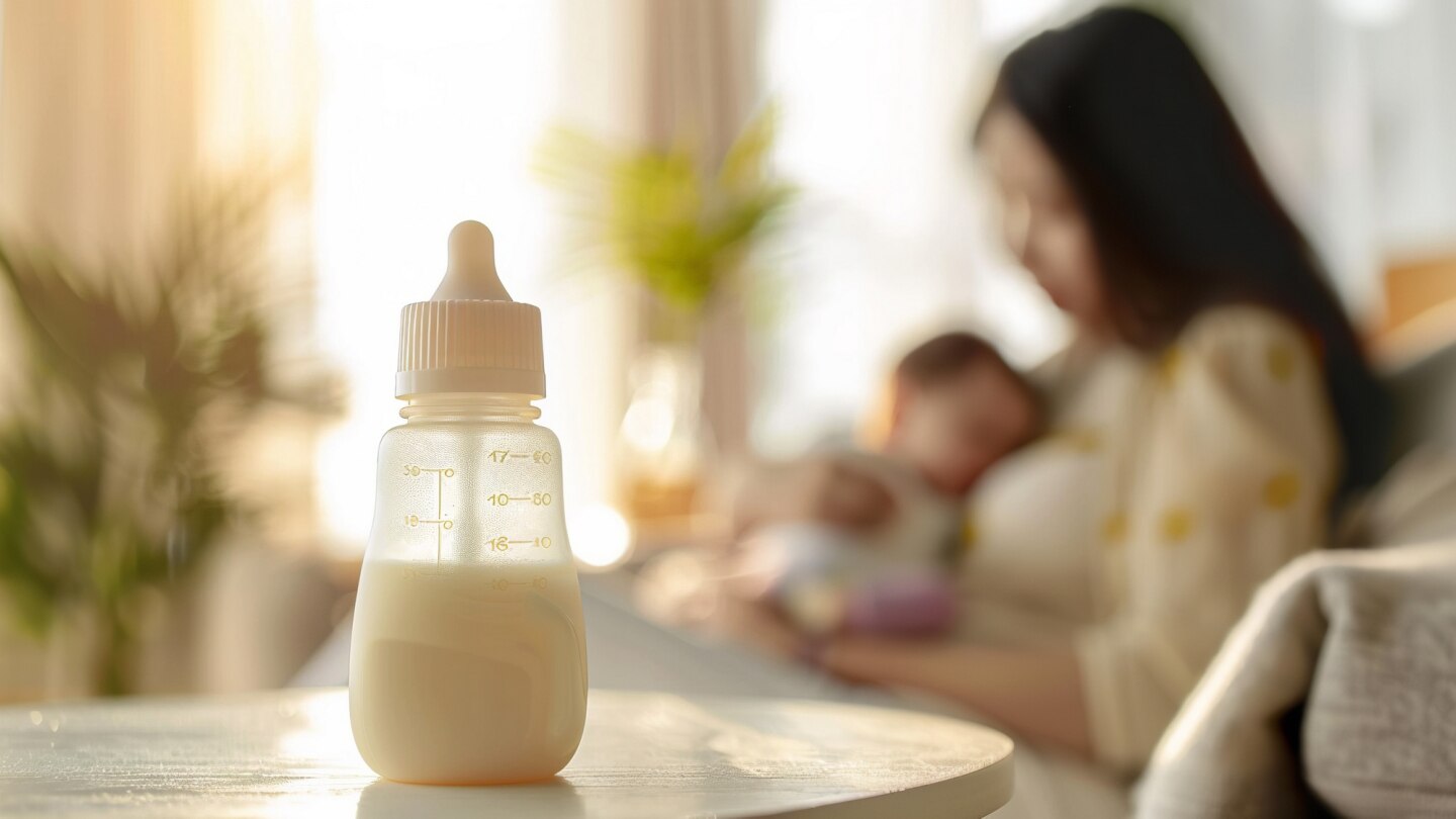 mama mit baby und milchflaeschchen