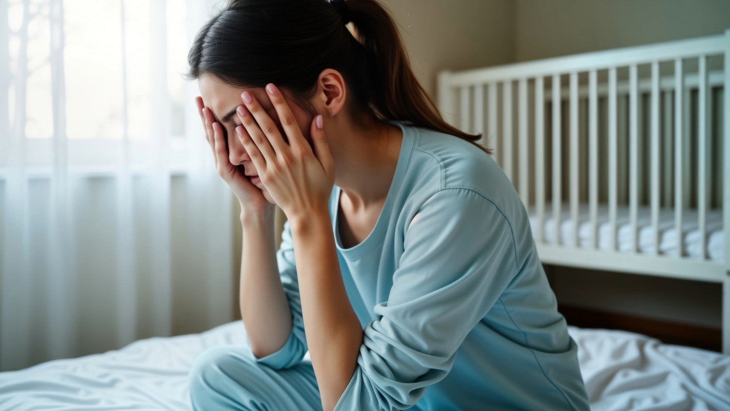 traurige frau vor einem leeren babybett