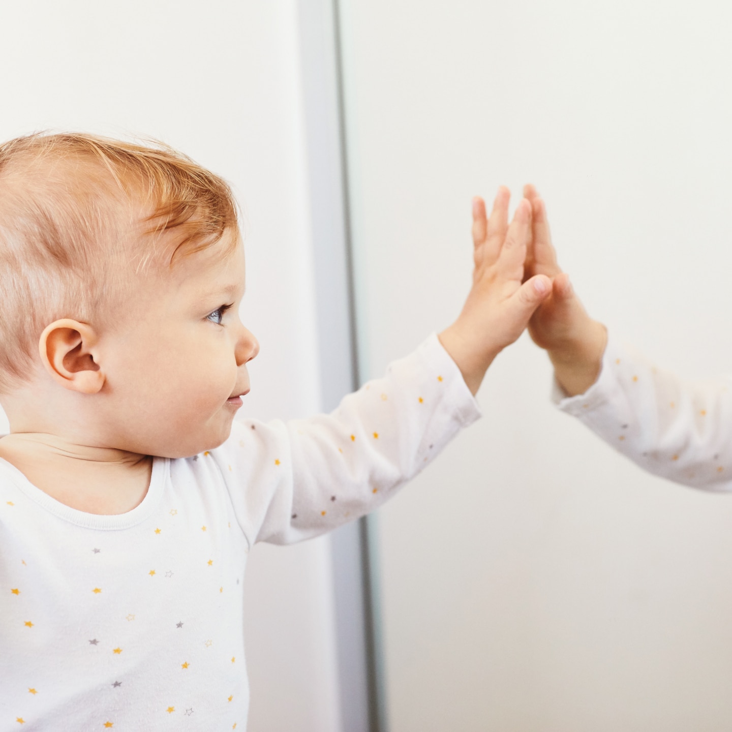 child baby boy playing childhood toy toddler cute fun little mirror reflection