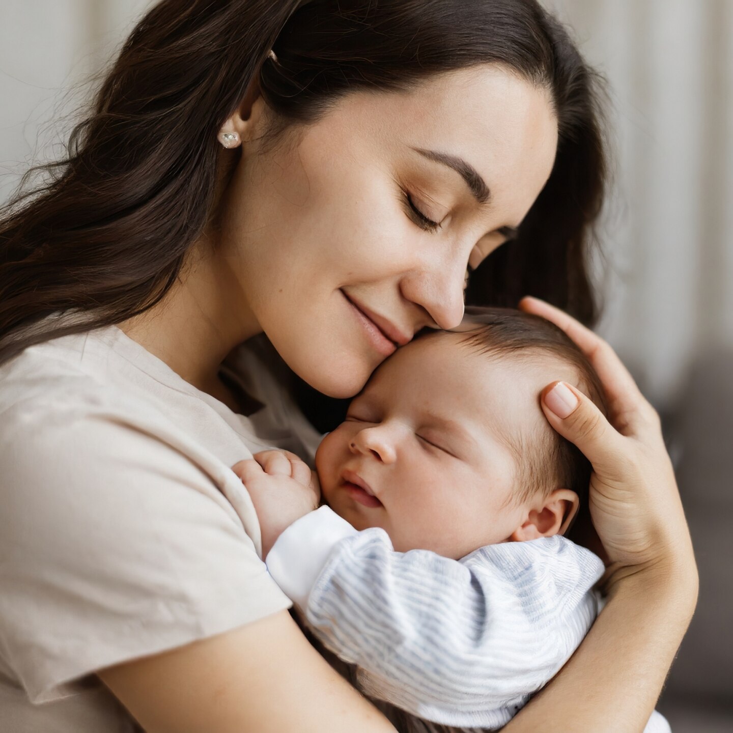happy mum holding sleeping infant child on hands