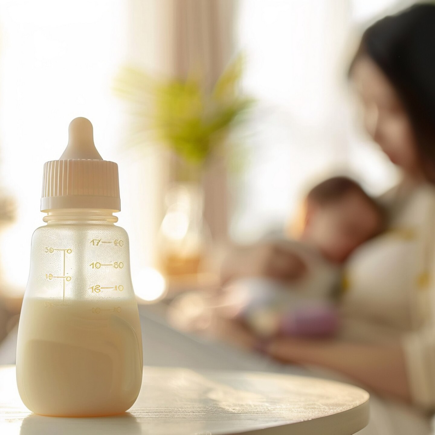 mama mit baby und milchflaeschchen
