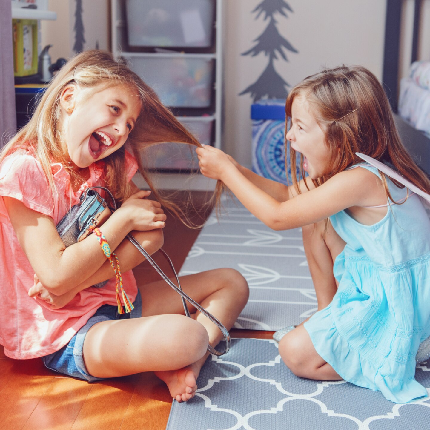 schwestern streiten und zihen sich gegenseitig an den haaren