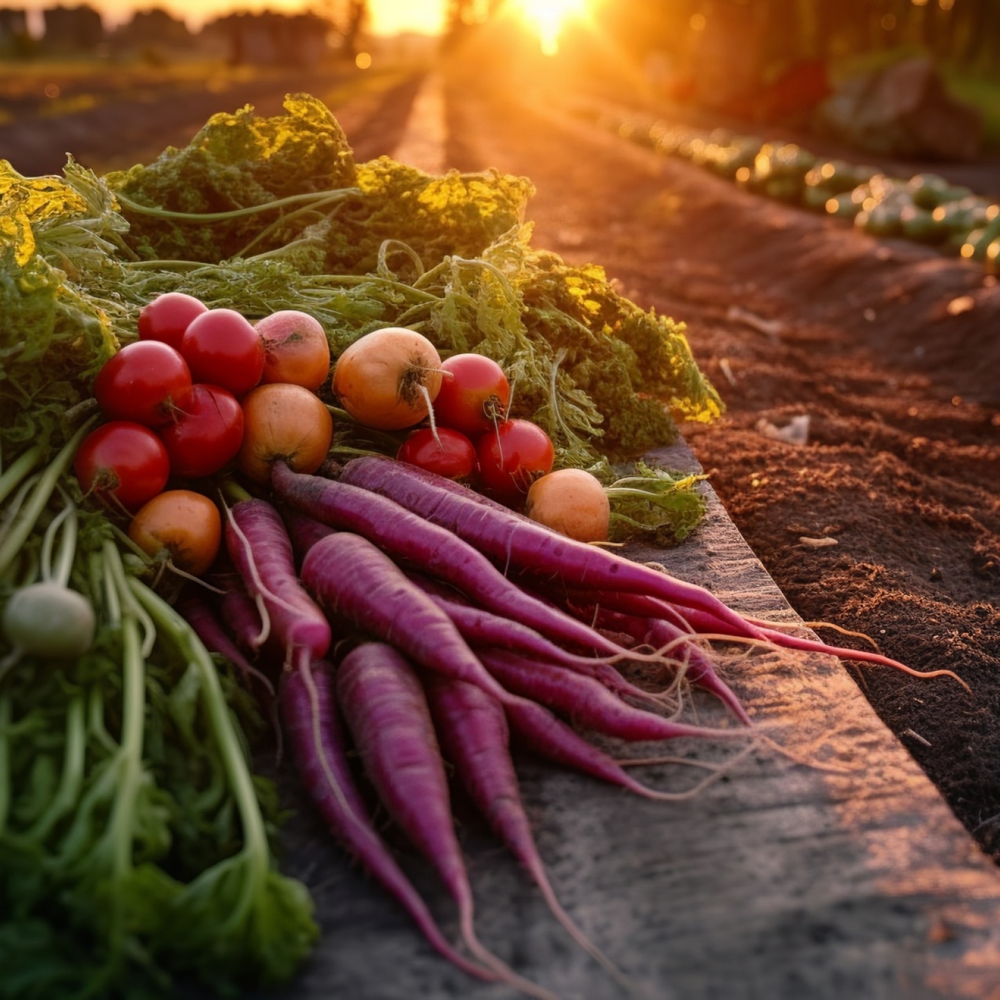 korb mit karotten, rettich und tomaten auf einem acker