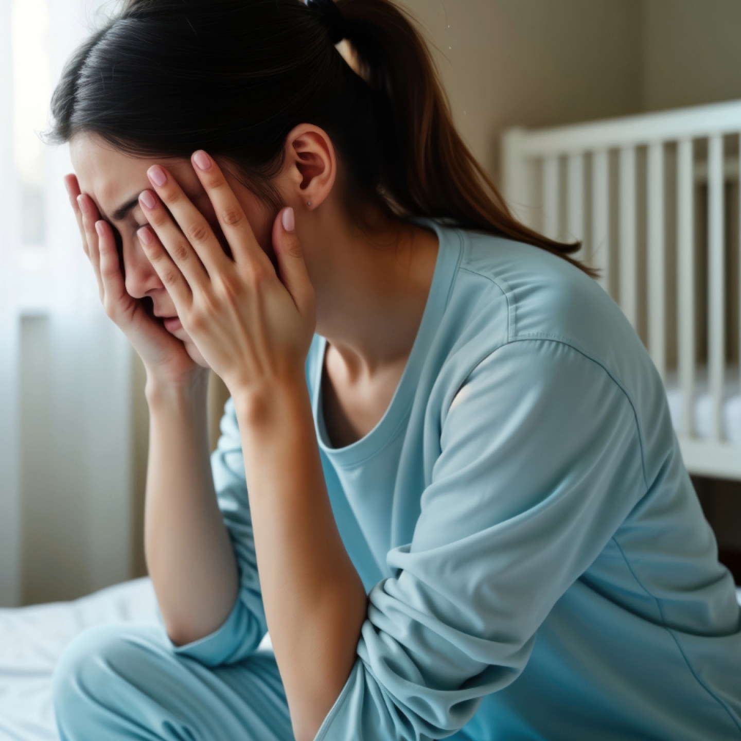 traurige frau vor einem leeren babybett