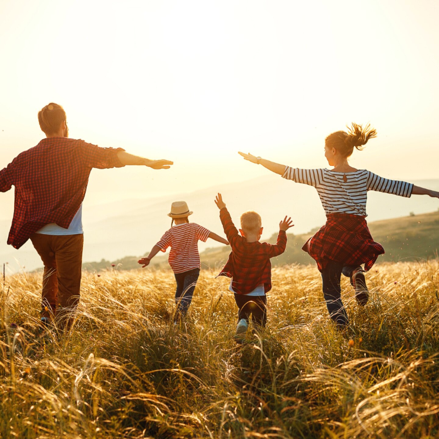 familie im sonnenlicht auf einer wiese